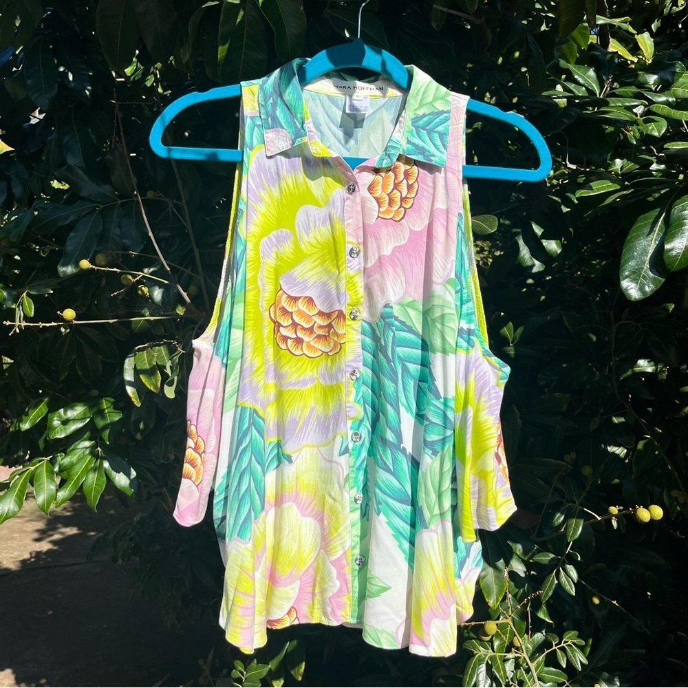 MARA HOFFMAN tropical floral print rayon cold shoulder batwing sleeve button up‎